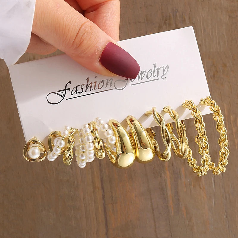 Gold Color Vintage Geometry Pearl Earrings Set Metal Twine Square Dangle Earrings Round for Women Simple Trendy Party Jewelry