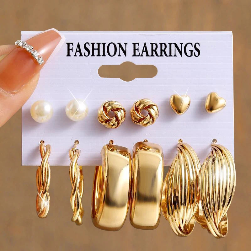 Vintage Pearl Earrings For Women Metal Gold Color Geometric Earrings Set Heart Butterfly Hoop Earrings 2023 Fashion Jewelry Gift