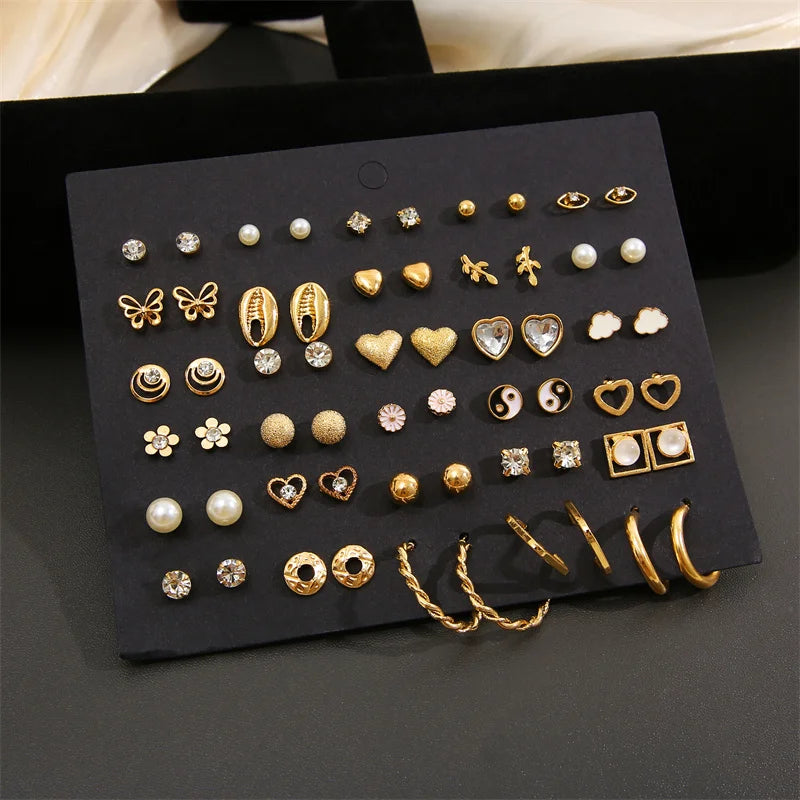 Earring Set Vintage Butterfly Heart Pearl Crystal Stud Earrings for Women Korean  2024 Brincos Jewelry Gift