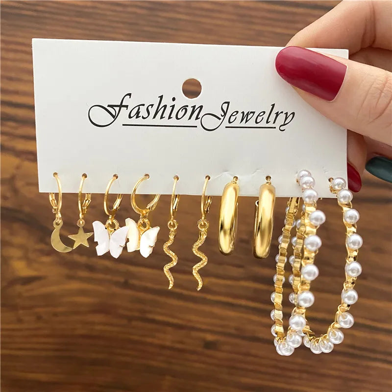 Vintage Pearl Earrings For Women Metal Gold Color Geometric Earrings Set Heart Butterfly Hoop Earrings 2023 Fashion Jewelry Gift