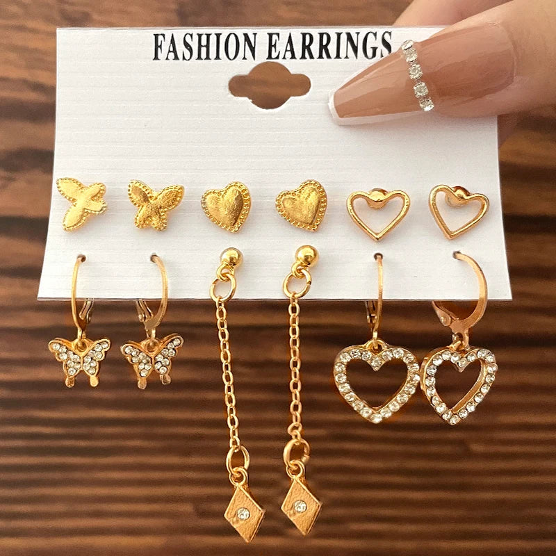 Vintage Pearl Earrings For Women Metal Gold Color Geometric Earrings Set Heart Butterfly Hoop Earrings 2023 Fashion Jewelry Gift