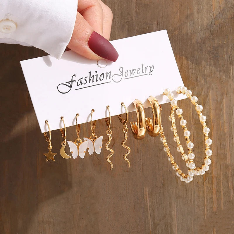 Gold Color Vintage Geometry Pearl Earrings Set Metal Twine Square Dangle Earrings Round for Women Simple Trendy Party Jewelry