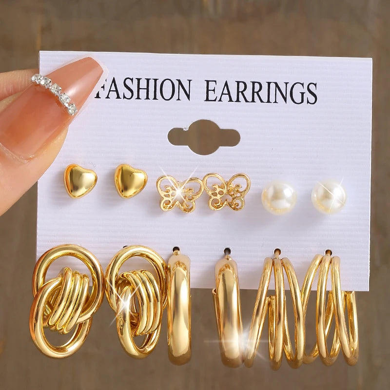 Vintage Pearl Earrings For Women Metal Gold Color Geometric Earrings Set Heart Butterfly Hoop Earrings 2023 Fashion Jewelry Gift