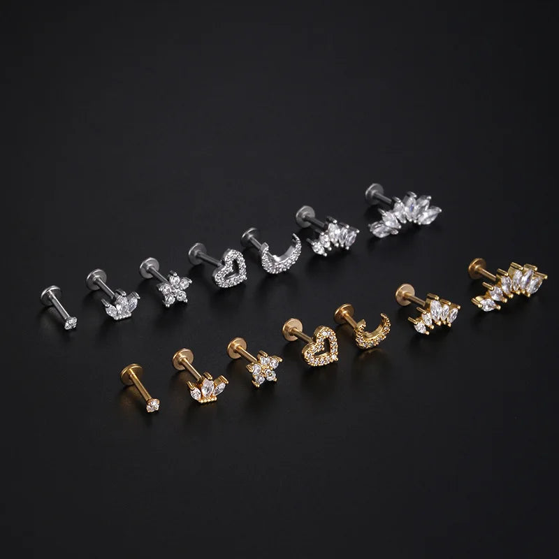 1Piece 1.2mm Heart Flower Crown Cartilage Earrings Stainless Steel Zircon Conch Rook Tragus Stud Labret Back Piercing Jewelry