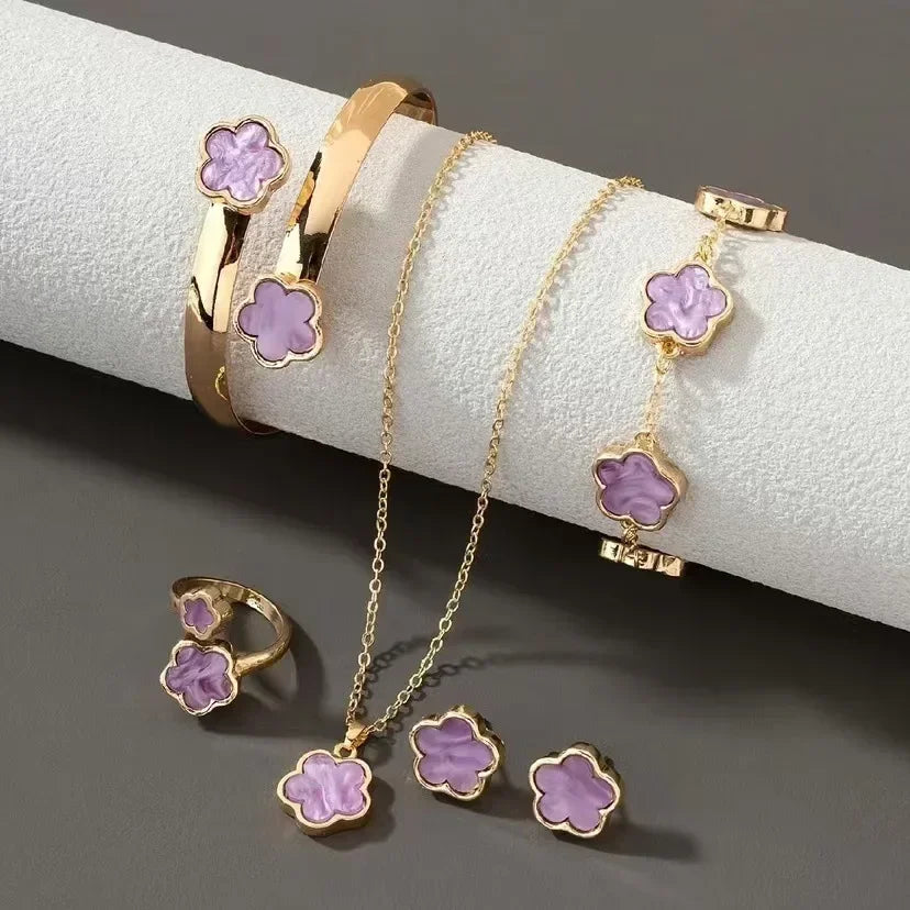 5pcs/set Luxury Quality Jewelry Sets Plum Blossom Plant Five Leaf Flower Women's Earrings Rings Bracelet Necklace Bangles Gift