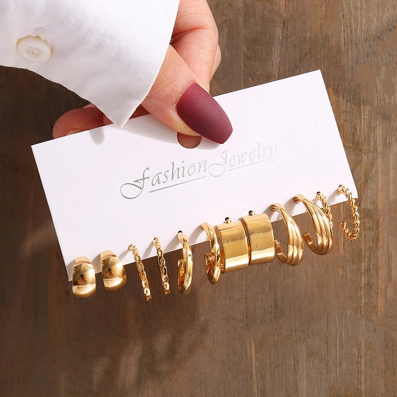 Gold Color Vintage Geometry Pearl Earrings Set Metal Twine Square Dangle Earrings Round for Women Simple Trendy Party Jewelry