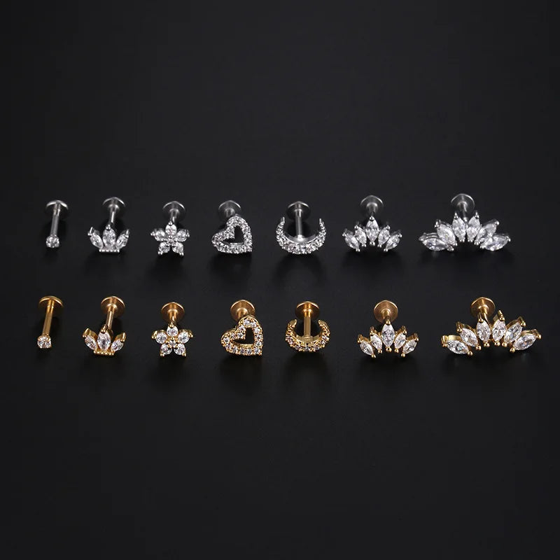 1Piece 1.2mm Heart Flower Crown Cartilage Earrings Stainless Steel Zircon Conch Rook Tragus Stud Labret Back Piercing Jewelry