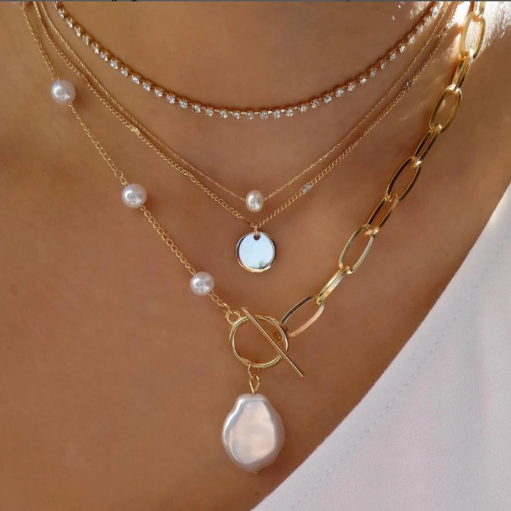 Vintage New Gold Color Multiple Styles Necklace For Women Boho Trendy Multi-Layer Crystal Pendant Necklaces Set Jewelry Gifts